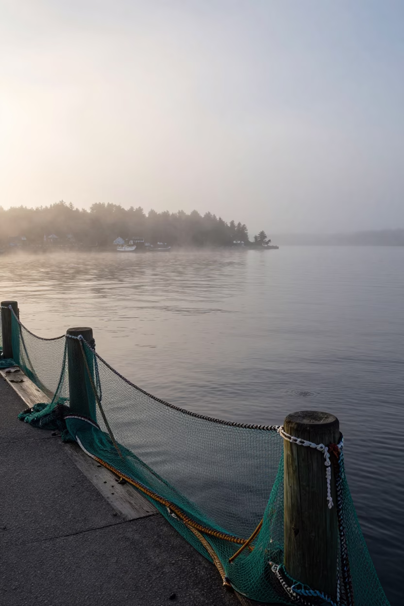 Misty Dawn Harbor Scene Halifax Nova Scotia Fishing Nets and Ripples in in Halifax, Nova Scotia, Canada