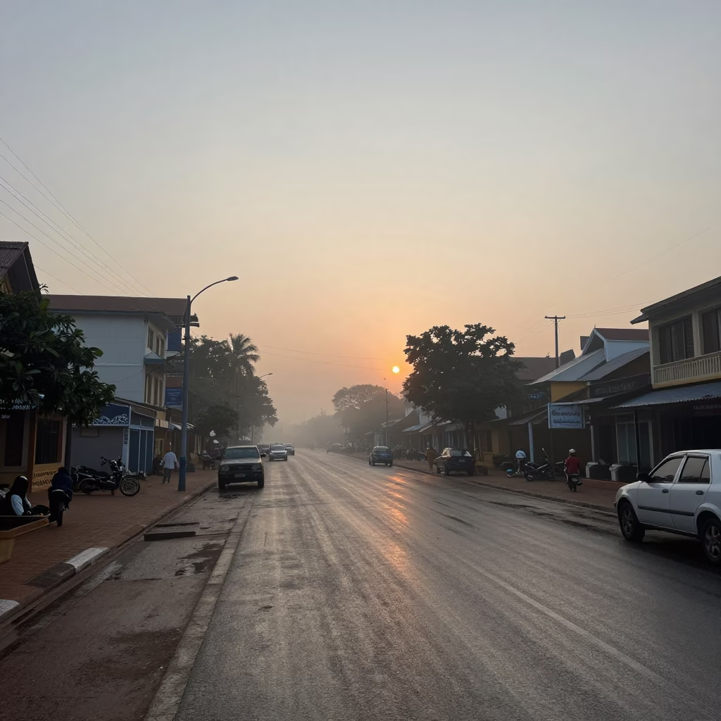 Misty Dawn Horizon of Phnom Penh Cambodia 1980s Street Scene in in Phnom Penh, Cambodia