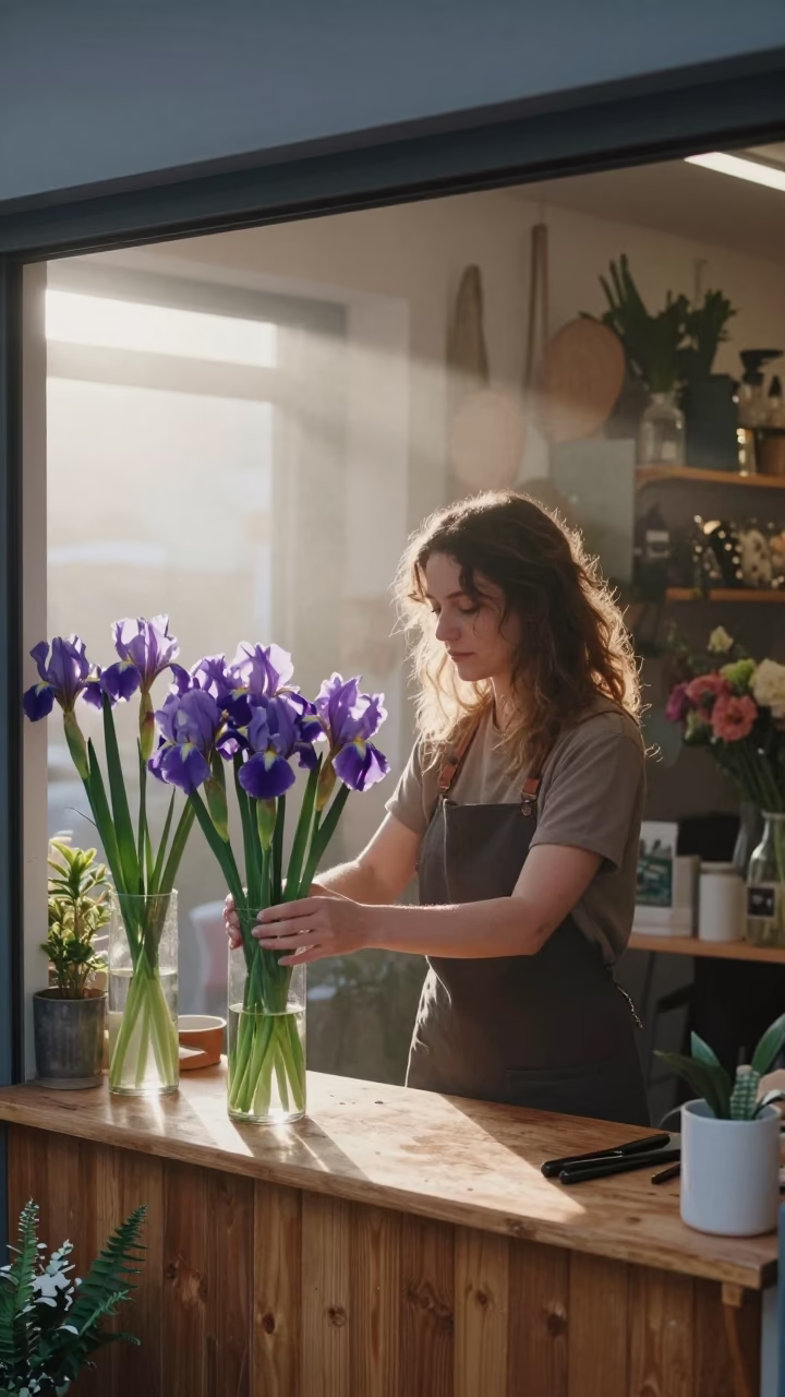 Misty Dawn in Athens Greece with Florist and Iris Blossoms in in Athens, Greece