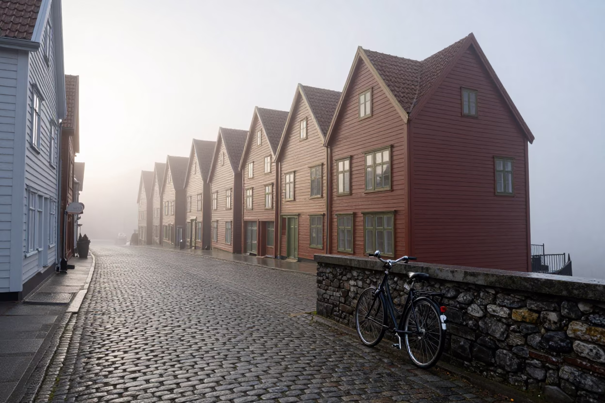 Misty Dawn in Bergen Norway Bicycle Leaning Against Cobblestone Wall in in Bergen, Norway