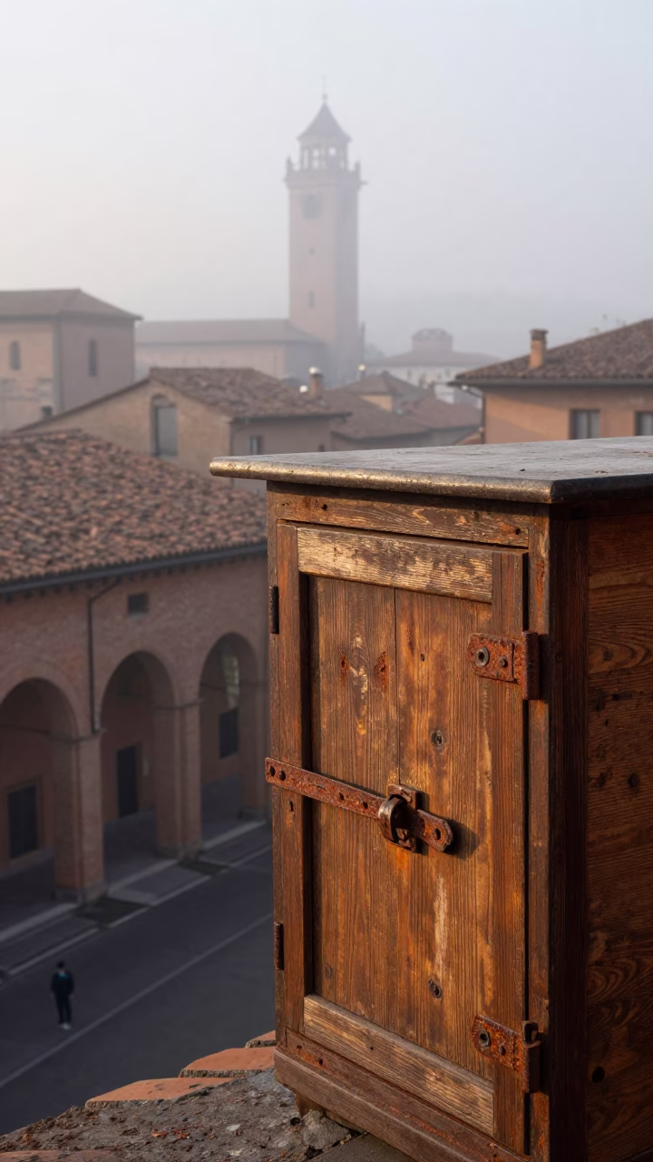 Misty Dawn in Bologna Italy Street Scene with Rusty Cabinet Latch in in Bologna, Italy