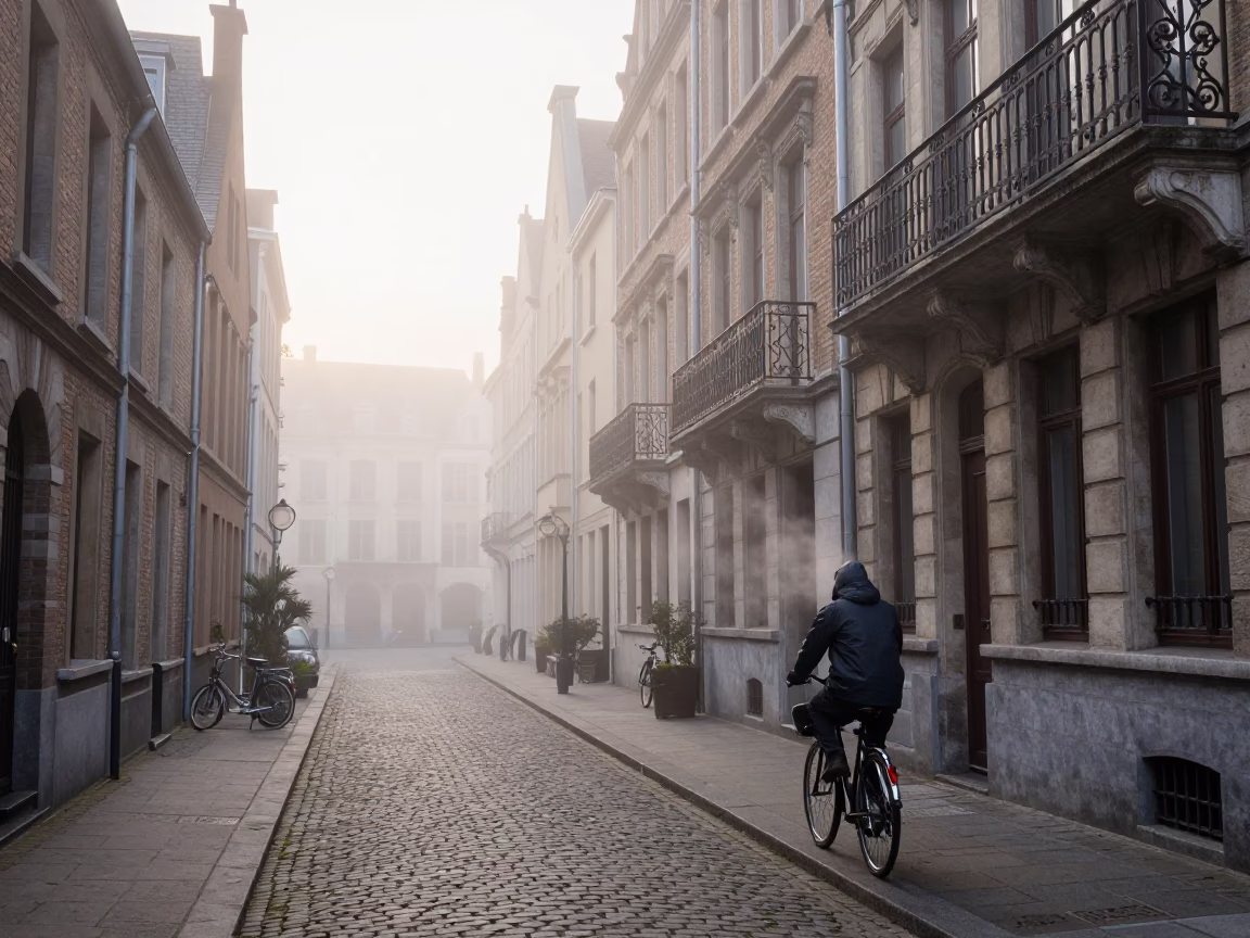 Misty Dawn in Brussels Belgium Cobblestone Street and Iron Balconies in in Brussels, Belgium