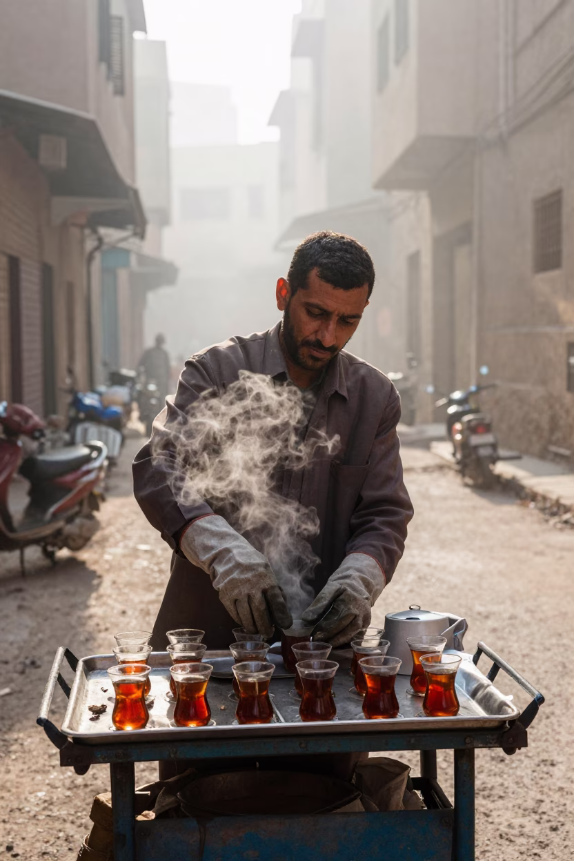 Misty Dawn in Cairo Egypt Street Vendor Preparing Tea with Steam in in Cairo, Egypt