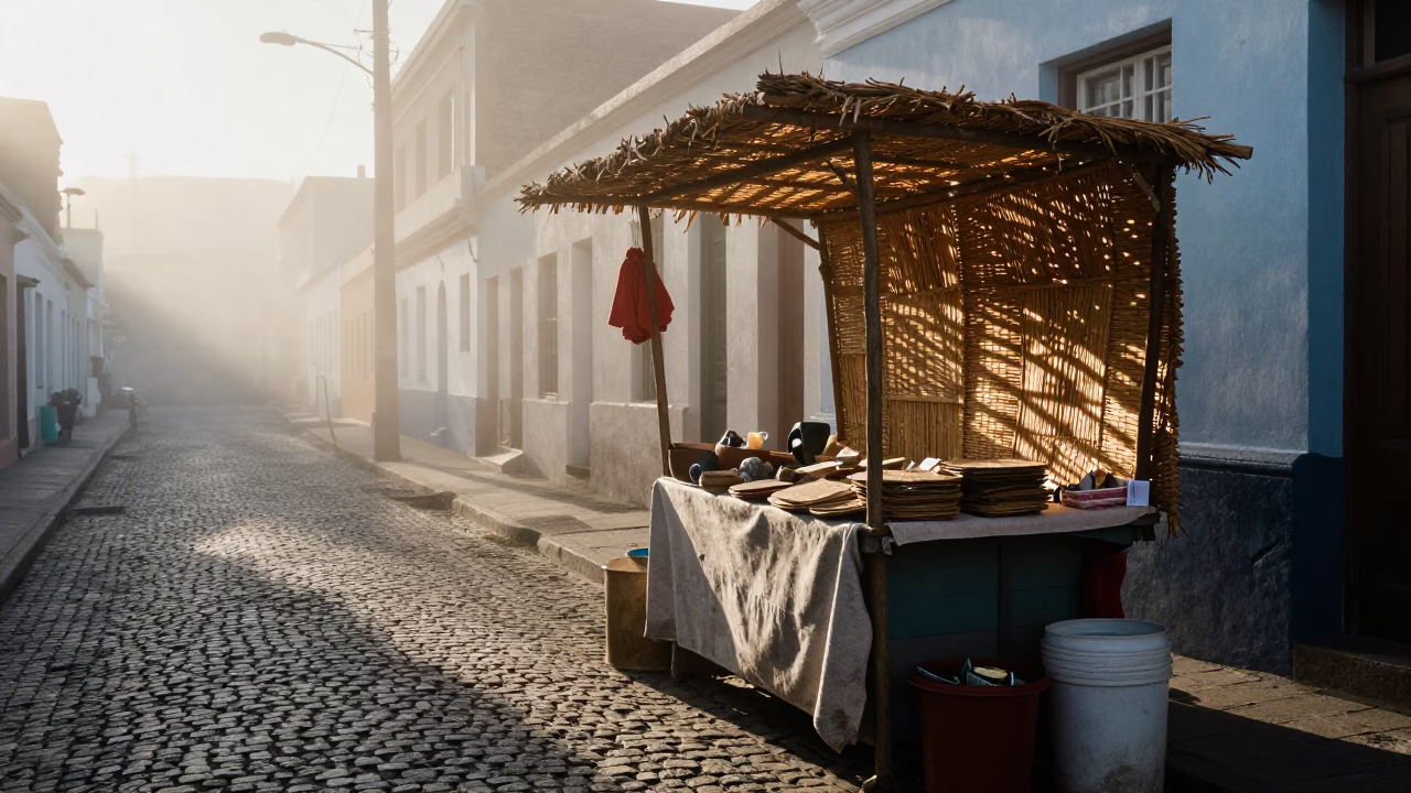 Misty Dawn in Cape Town Street Vendor With Woven Cane Light in in Cape Town, South Africa