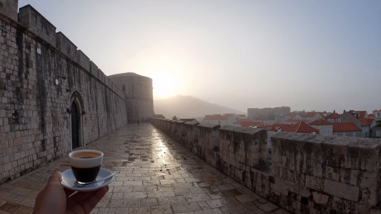 Misty Dawn in Dubrovnik Croatia Street Scene with Espresso Cup in in Dubrovnik, Croatia