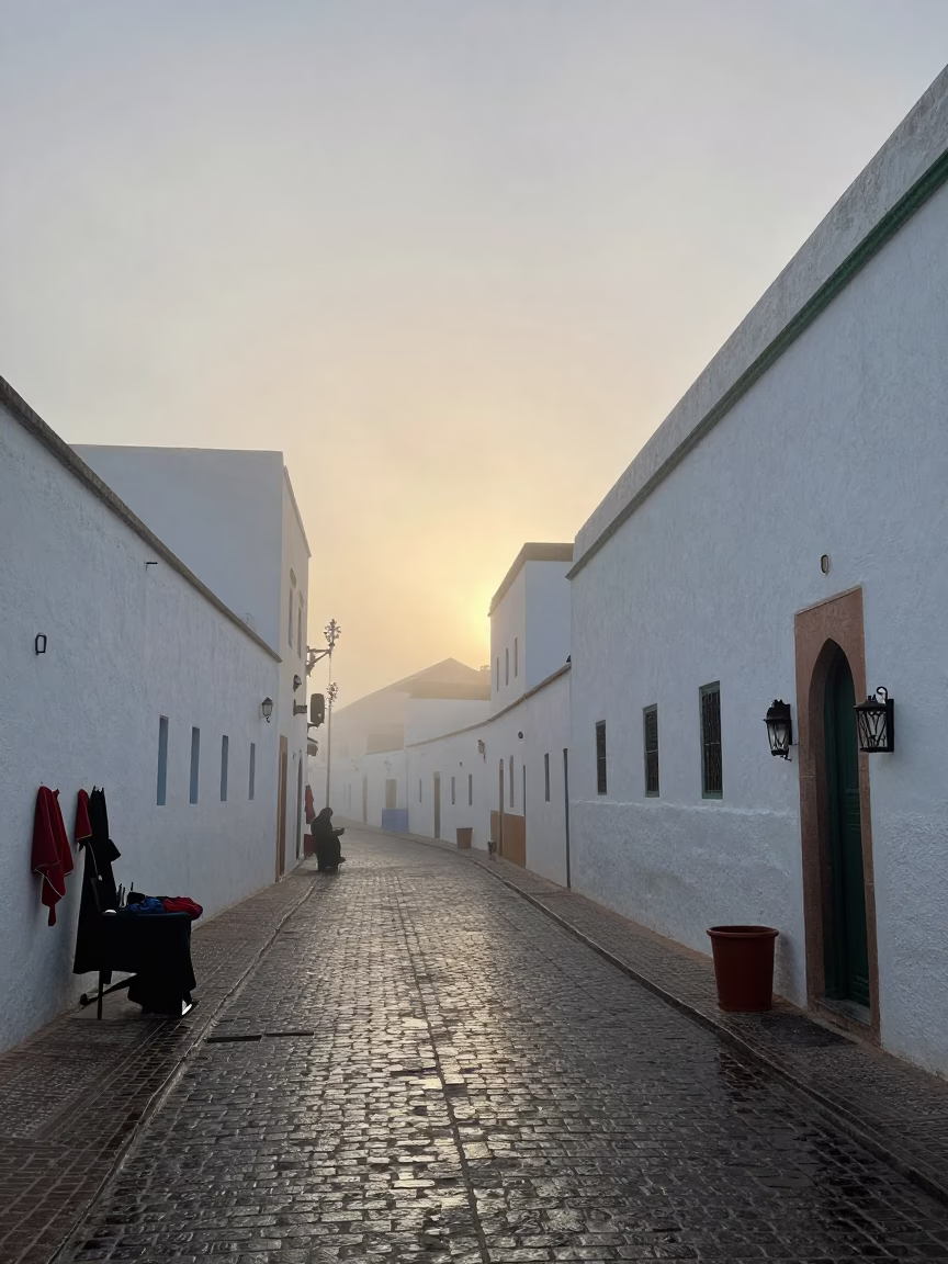 Misty Dawn in Essaouira Morocco with Local Artisan and Tools in in Essaouira, Morocco