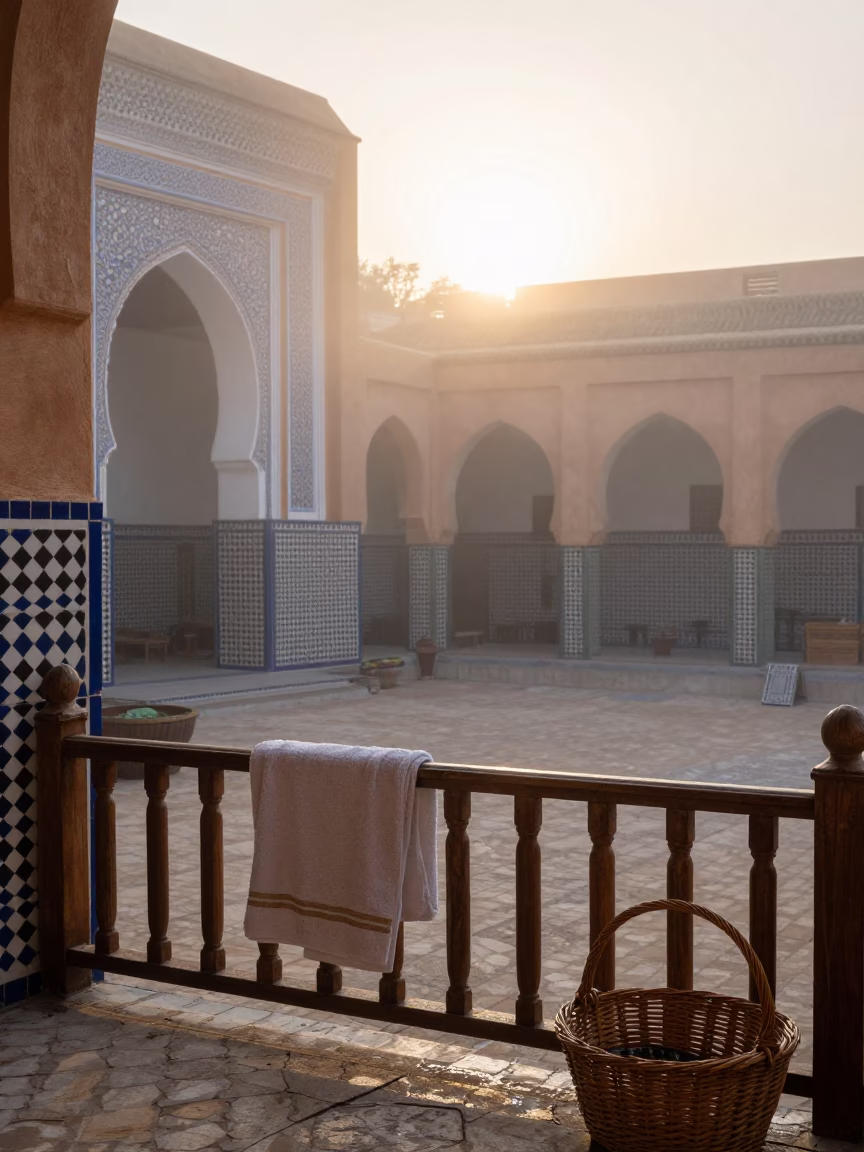 Misty Dawn in Fez Morocco Courtyard with Towel and Wicker Basket in in Fez, Morocco