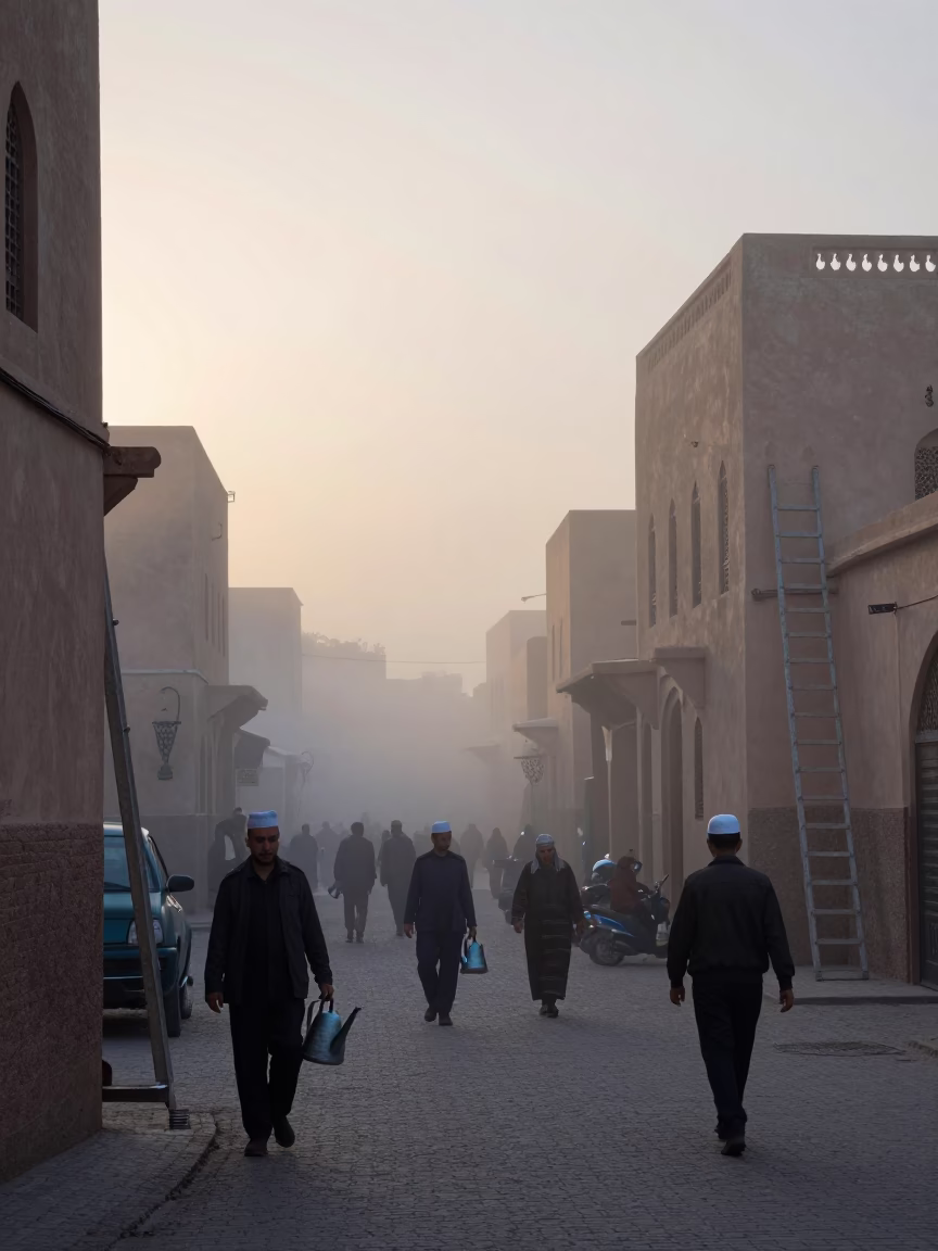 Misty Dawn in Fez Morocco with Watering Jug and Ladder Back Chair in in Fez, Morocco