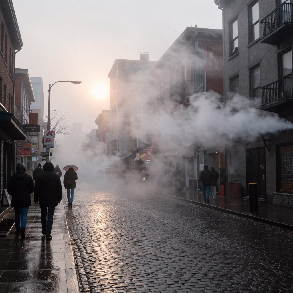 Misty Dawn in Gastown Steam Vents and Rain Boots in in Vancouver, British Columbia, Canada
