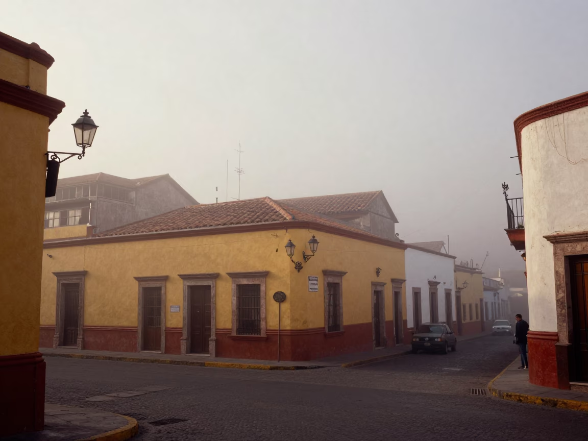 Misty Dawn in Guadalajara Street Corner with Thermos and Local Vendor in in Guadalajara, Mexico