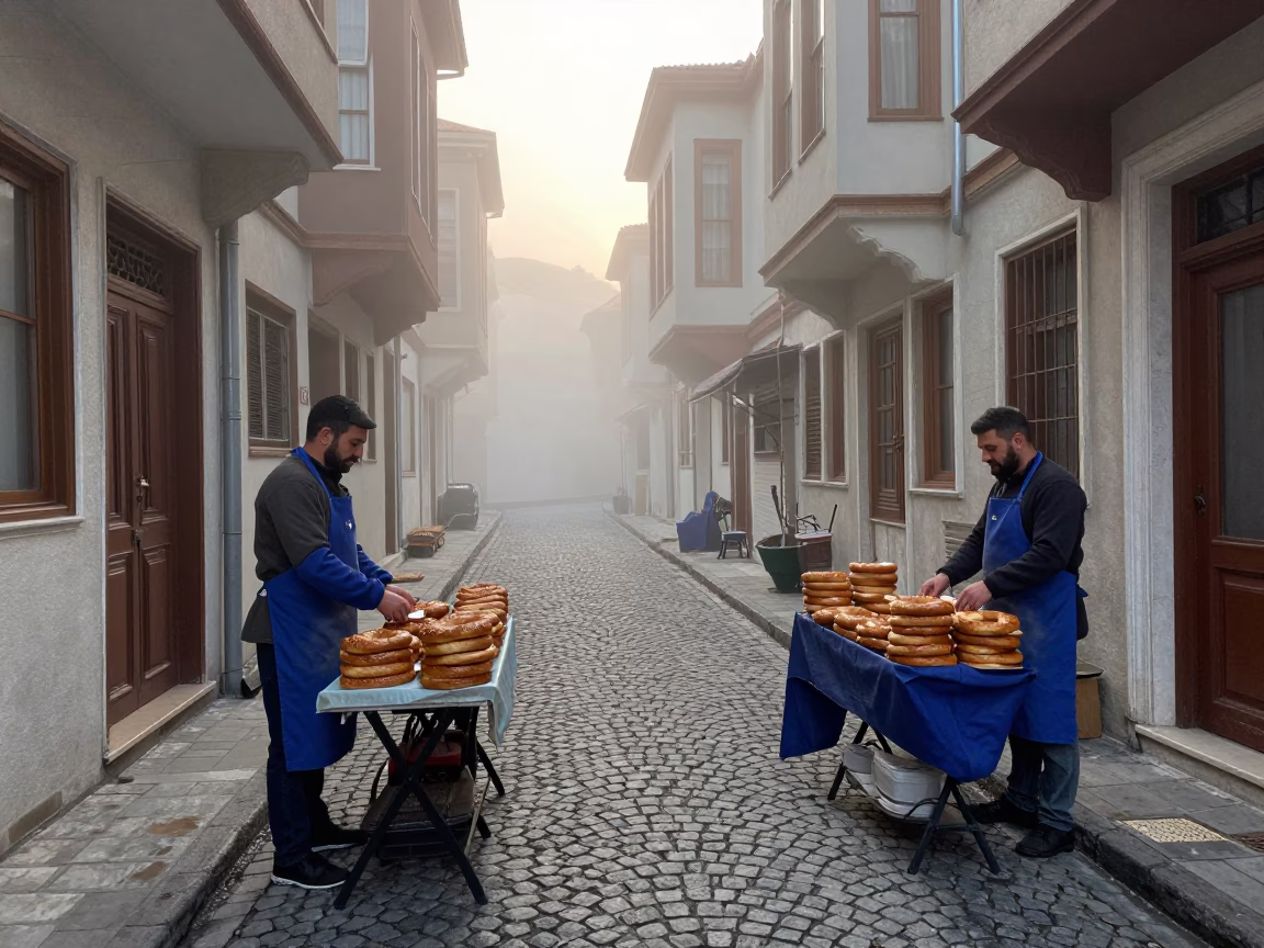 Misty Dawn in Istanbul Turkey with Aprons and Folding Stools in in Istanbul, Turkey