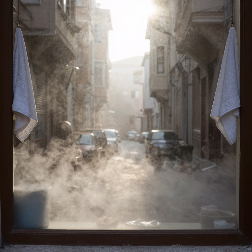Misty Dawn in Istanbul with Steam Clouding Window Edge and Drying Towels in in Istanbul, Turkey