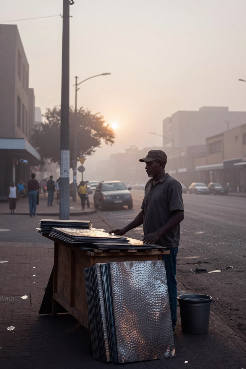 Misty Dawn in Johannesburg with Hammered Metal and Water Marks in in Johannesburg, South Africa