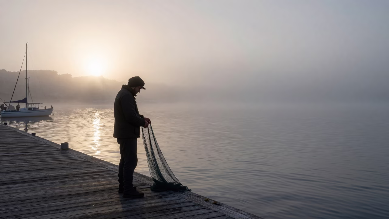 Misty Dawn in Marseille with Fisherman and Ripples in in Marseille, France