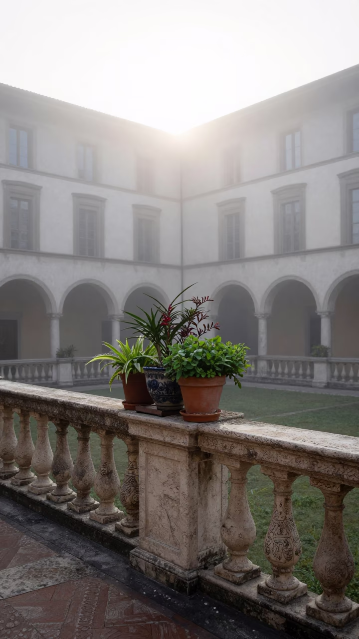 Misty Dawn in Milan Courtyard with Glazed Ceramic and Houseplants in in Milan, Italy