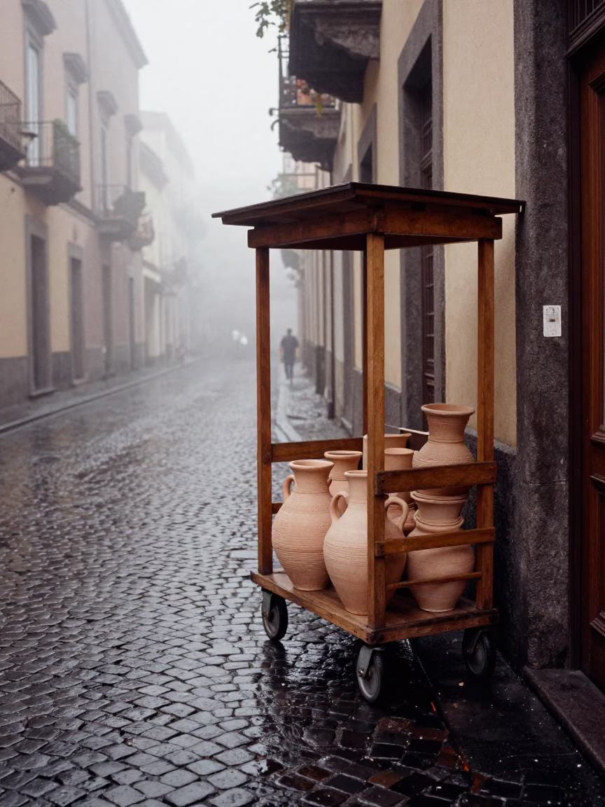 Misty Dawn in Naples Italy Rolling Carts and Florist Stalls in in Naples, Italy