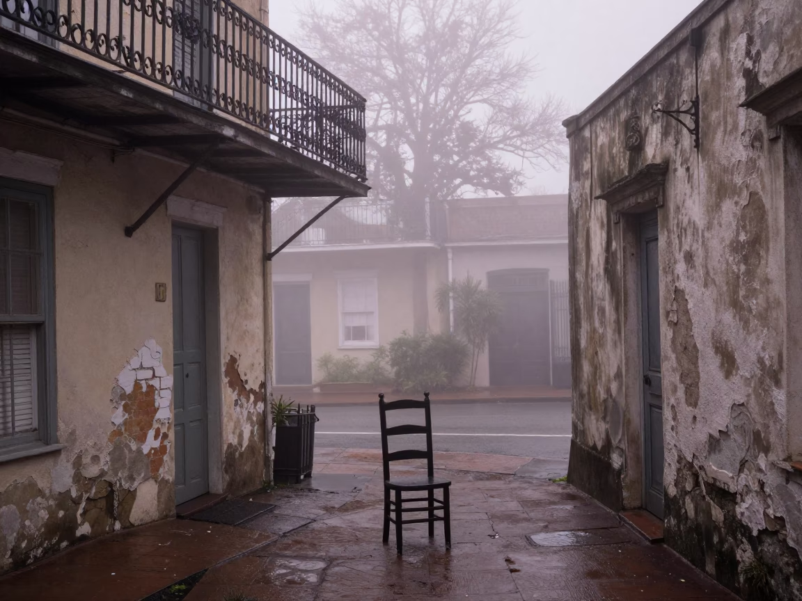 Misty Dawn in New Orleans Quarter with Ladder Back Chair and Dominoes in in New Orleans, Louisiana, United States