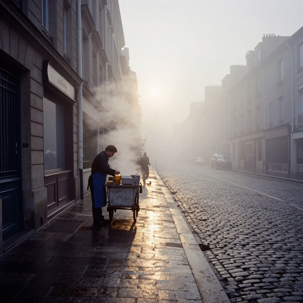 Misty Dawn in Paris with Steam and Cobblestone Reflections in in Paris, France