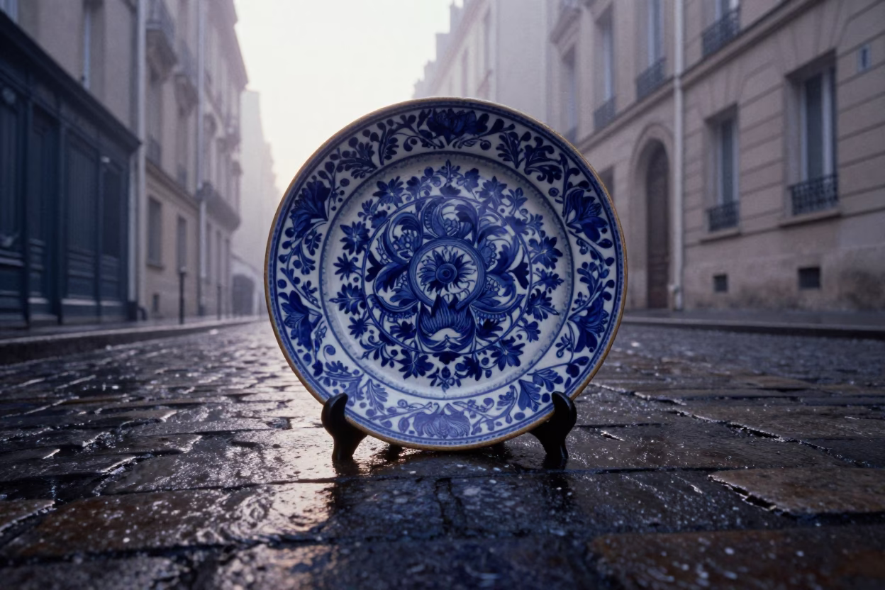 Misty Dawn in Paris with Vintage Majolica Plate and Blue White Porcelain in in Paris, France