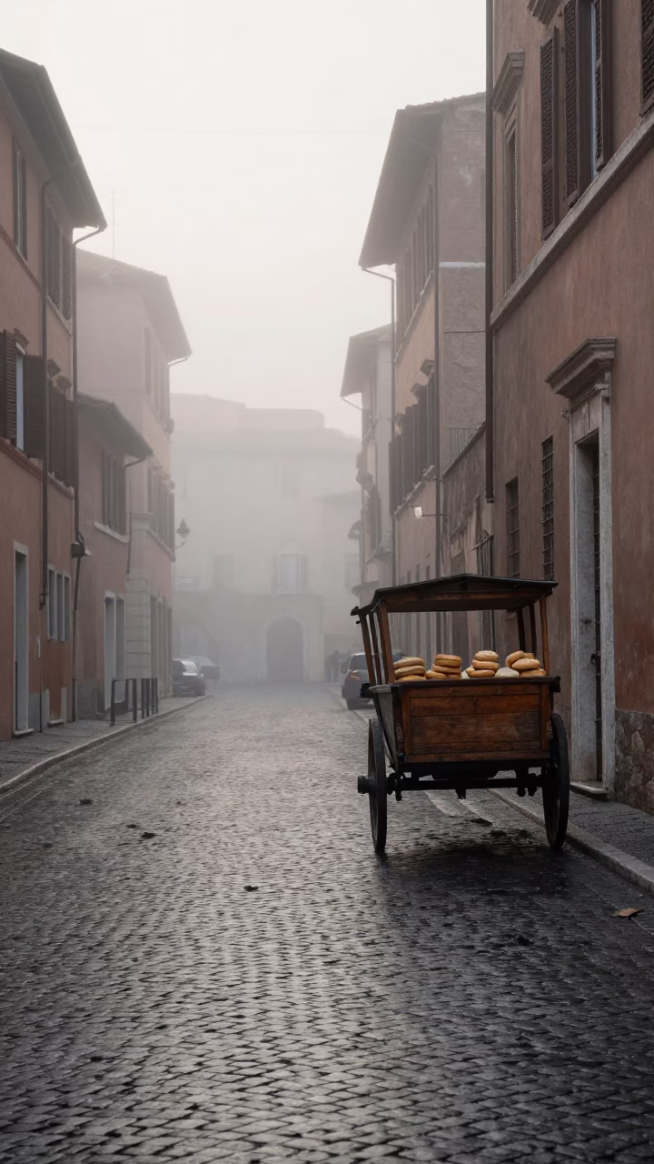 Misty Dawn in Rome Reveals Cobblestone Streets and Vintage Biscuit Tin in in Rome, Italy