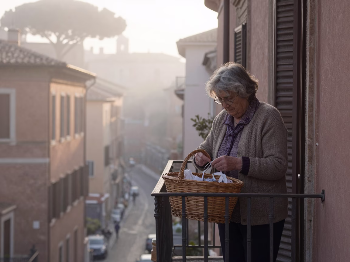 Misty Dawn in Rome With Mending Basket and Cardigans on Balcony in in Rome, Italy