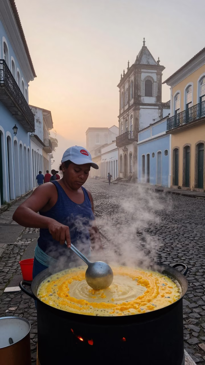 Misty Dawn in Salvador Brazil Street Vendor Cooking with Ladle in in Salvador, Brazil