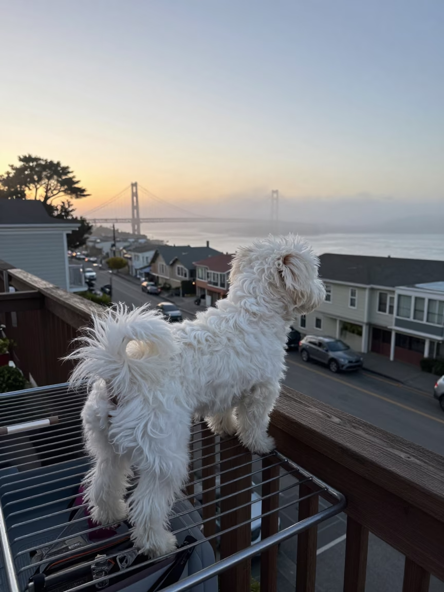 Misty Dawn in San Francisco with Drying Rack and Volpino Italiano in in San Francisco, California, United States