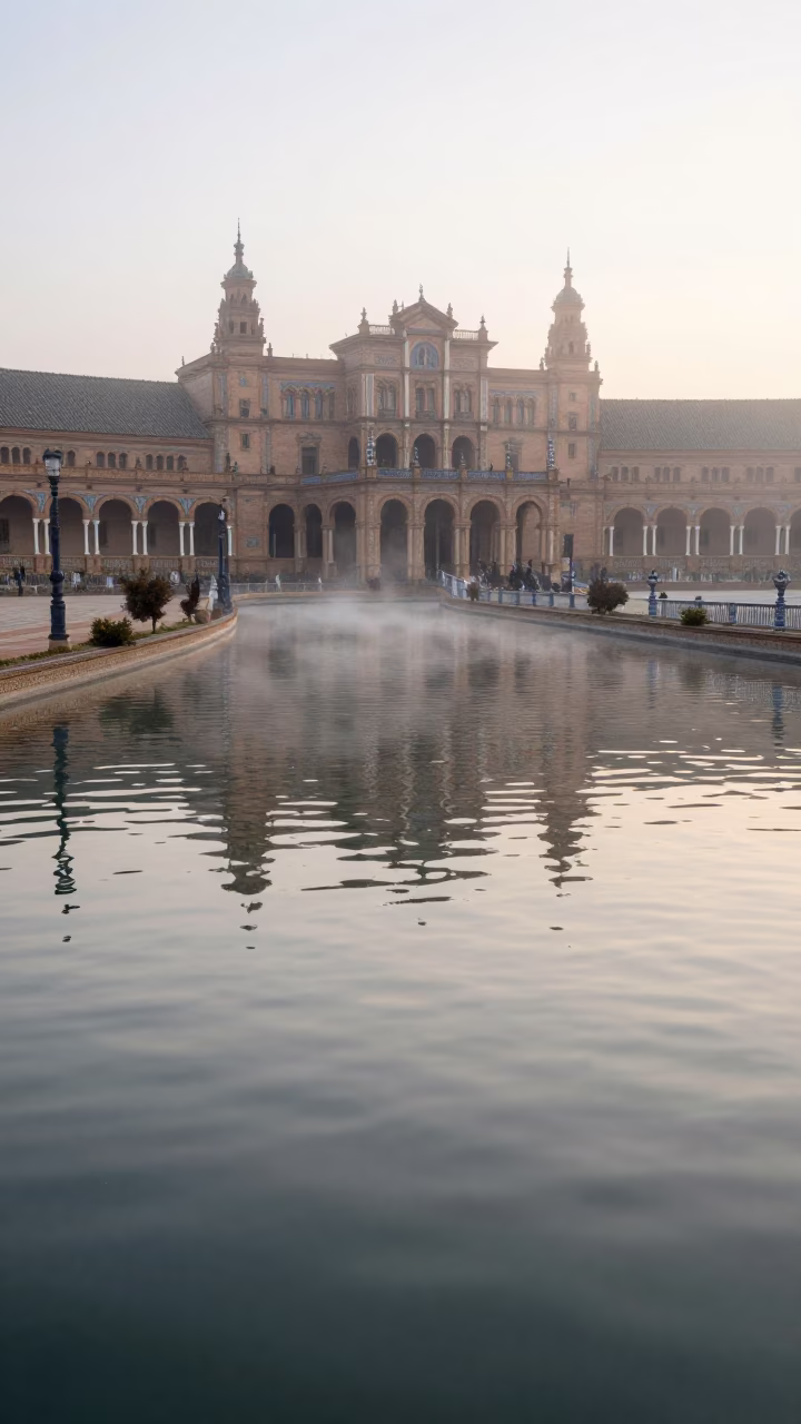 Misty Dawn in Seville with Ripples Across Shallow Water in in Seville, Spain