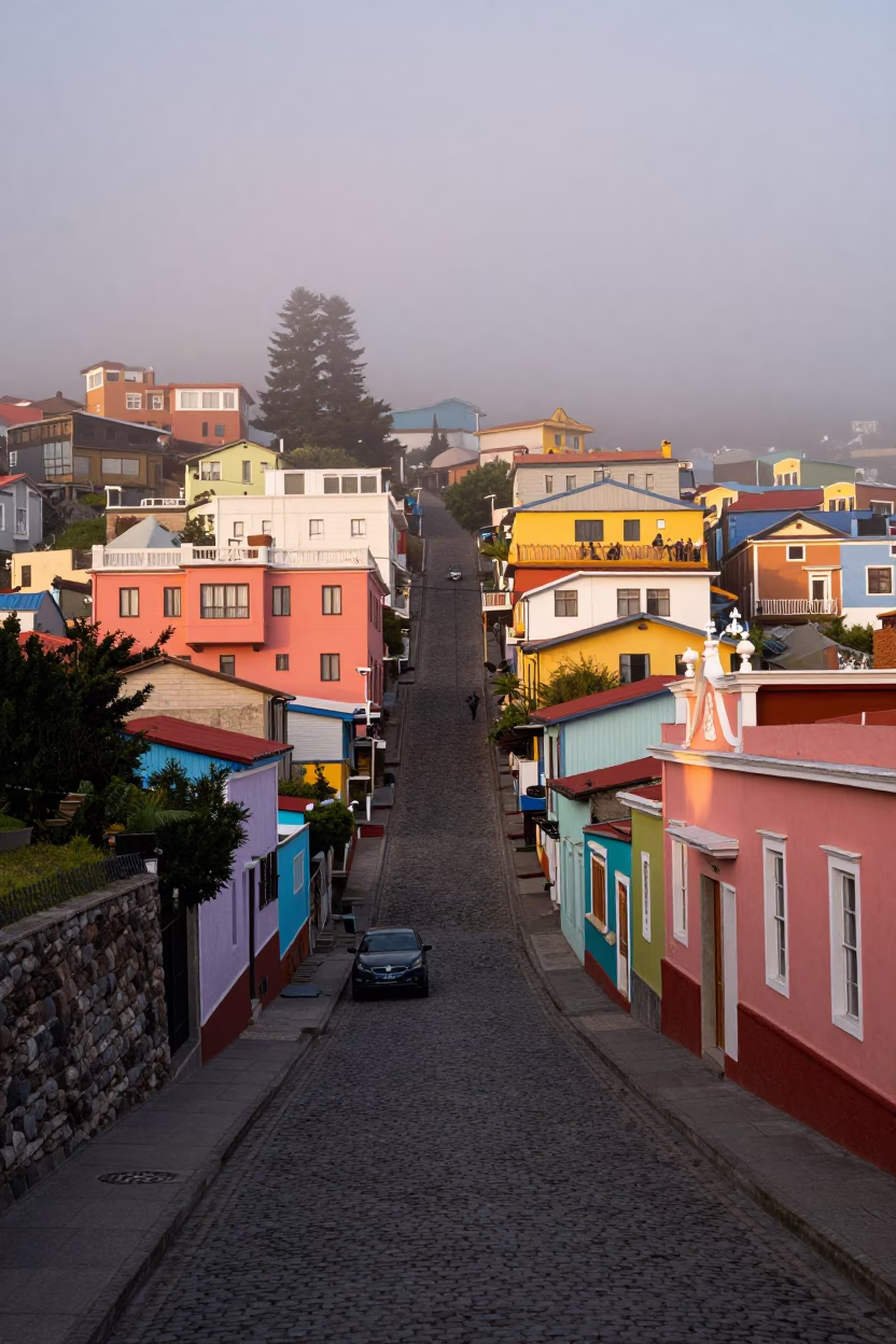Misty Dawn in Valparaiso Chile Colorful Steep Hillside Neighborhood in in Valparaiso, Chile