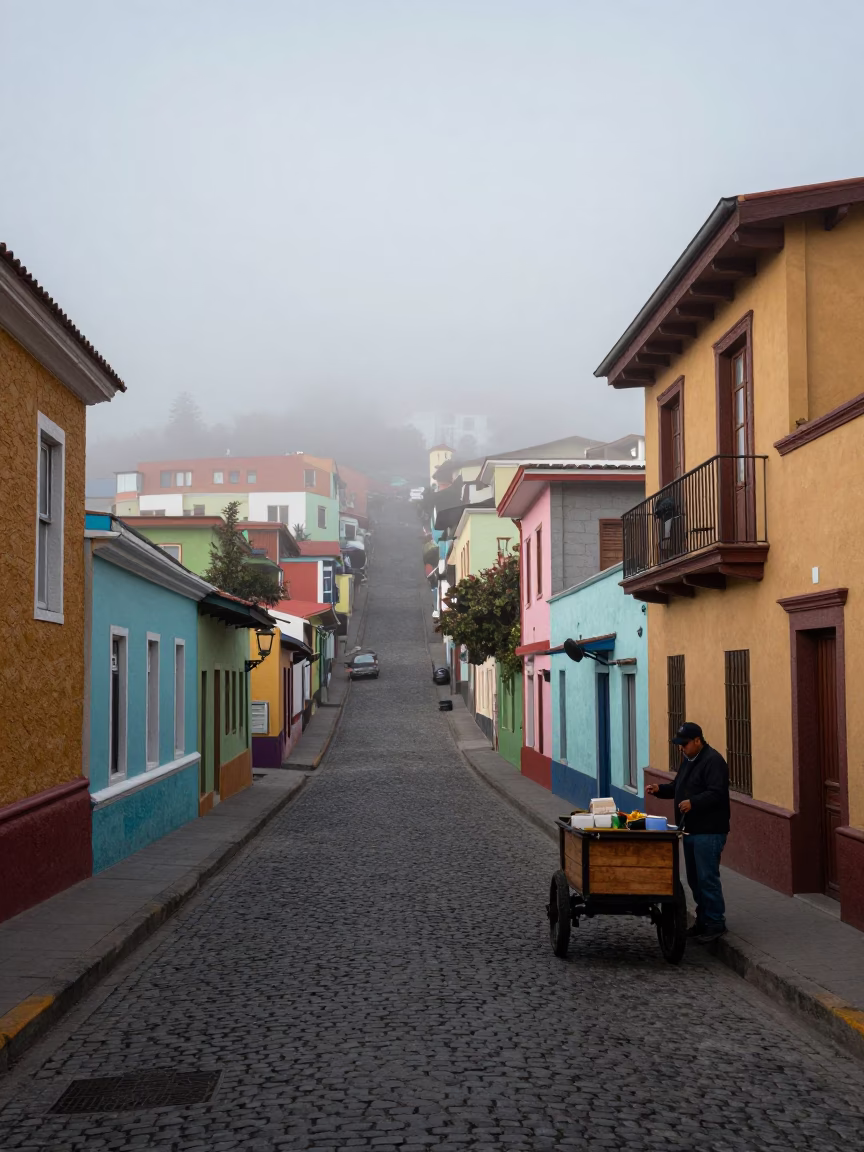 Misty Dawn in Valparaiso Chile Street Scene with Local Elements in in Valparaiso, Chile