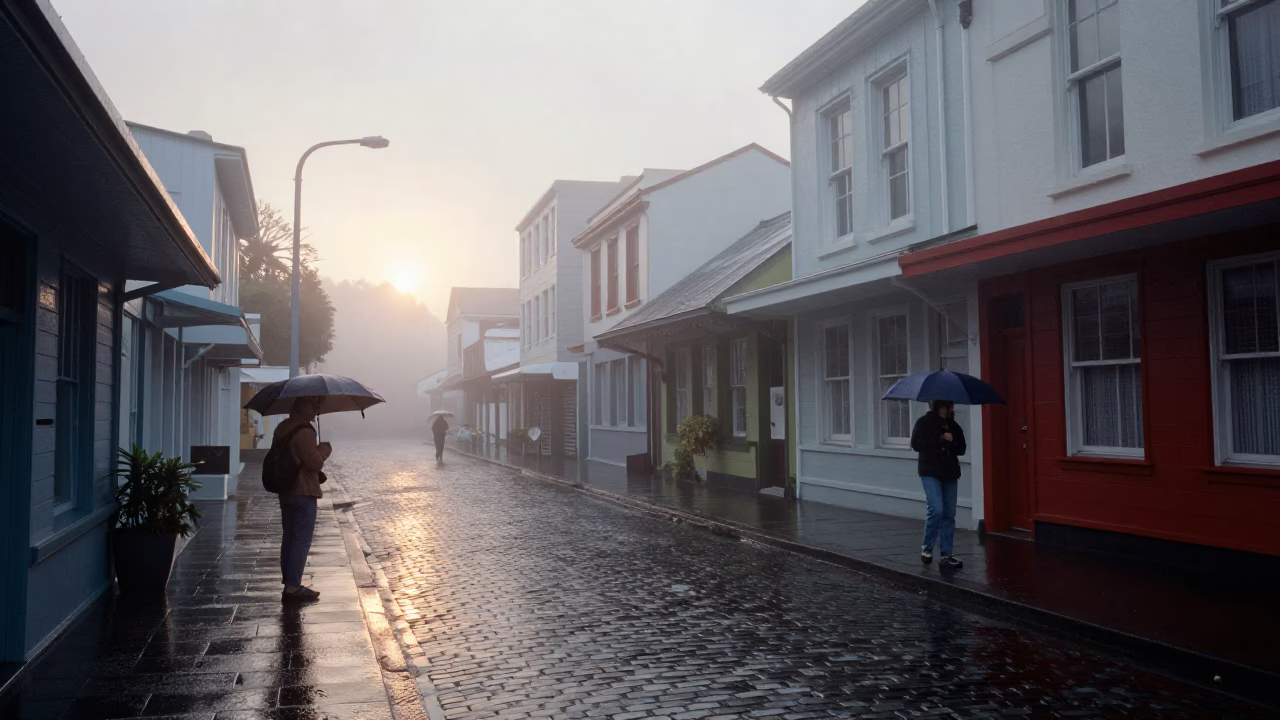 Misty Dawn in Wellington Street Scene with Latch and Umbrella in in Wellington, New Zealand