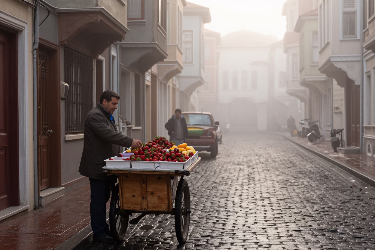 Misty Dawn Istanbul Street Scene with Fruit Vendor and Keeshond in in Istanbul, Turkey