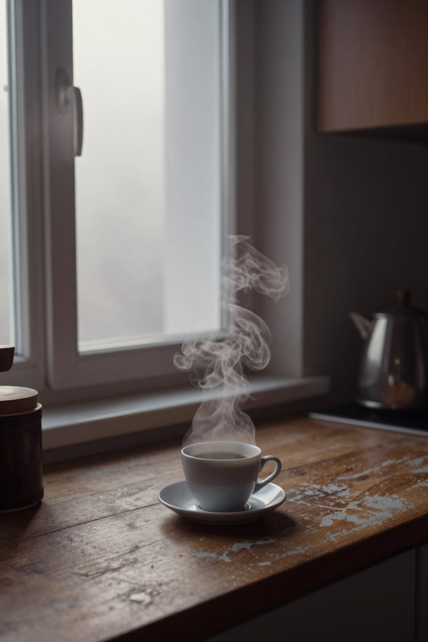 Misty Dawn Kitchen Scene with Steam and Coffee in Budapest Apartment in in Budapest, Hungary