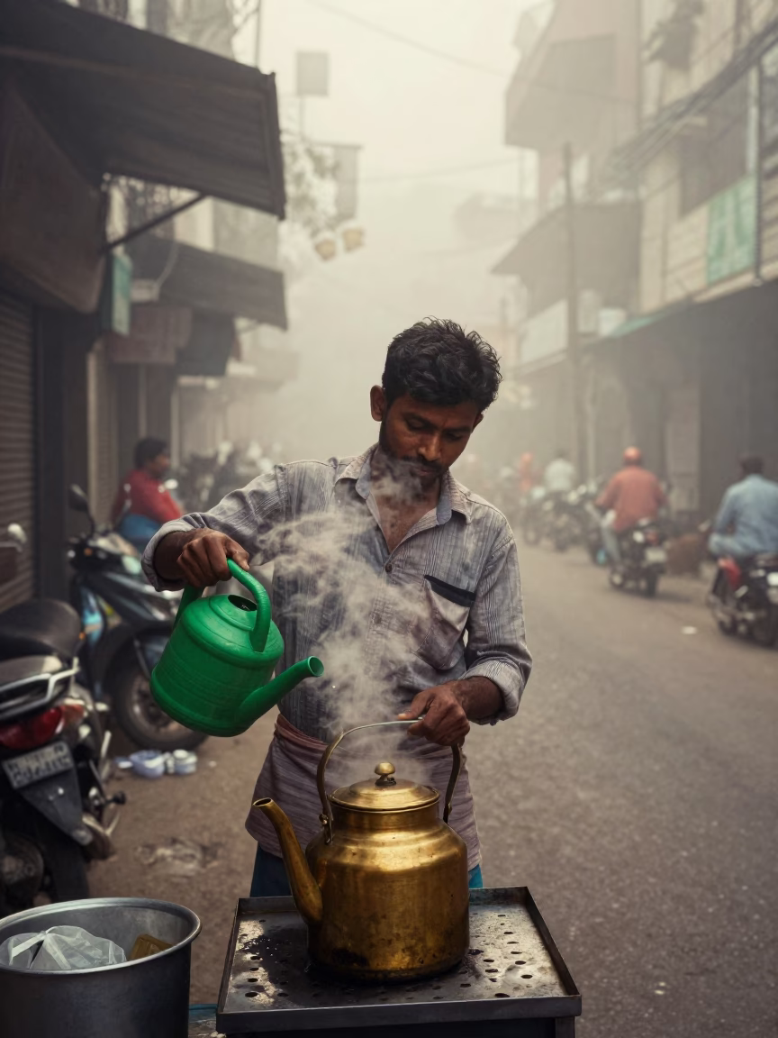 Misty Dawn Kolkata Street Vendor With Watering Jug And Kettle in in Kolkata, India