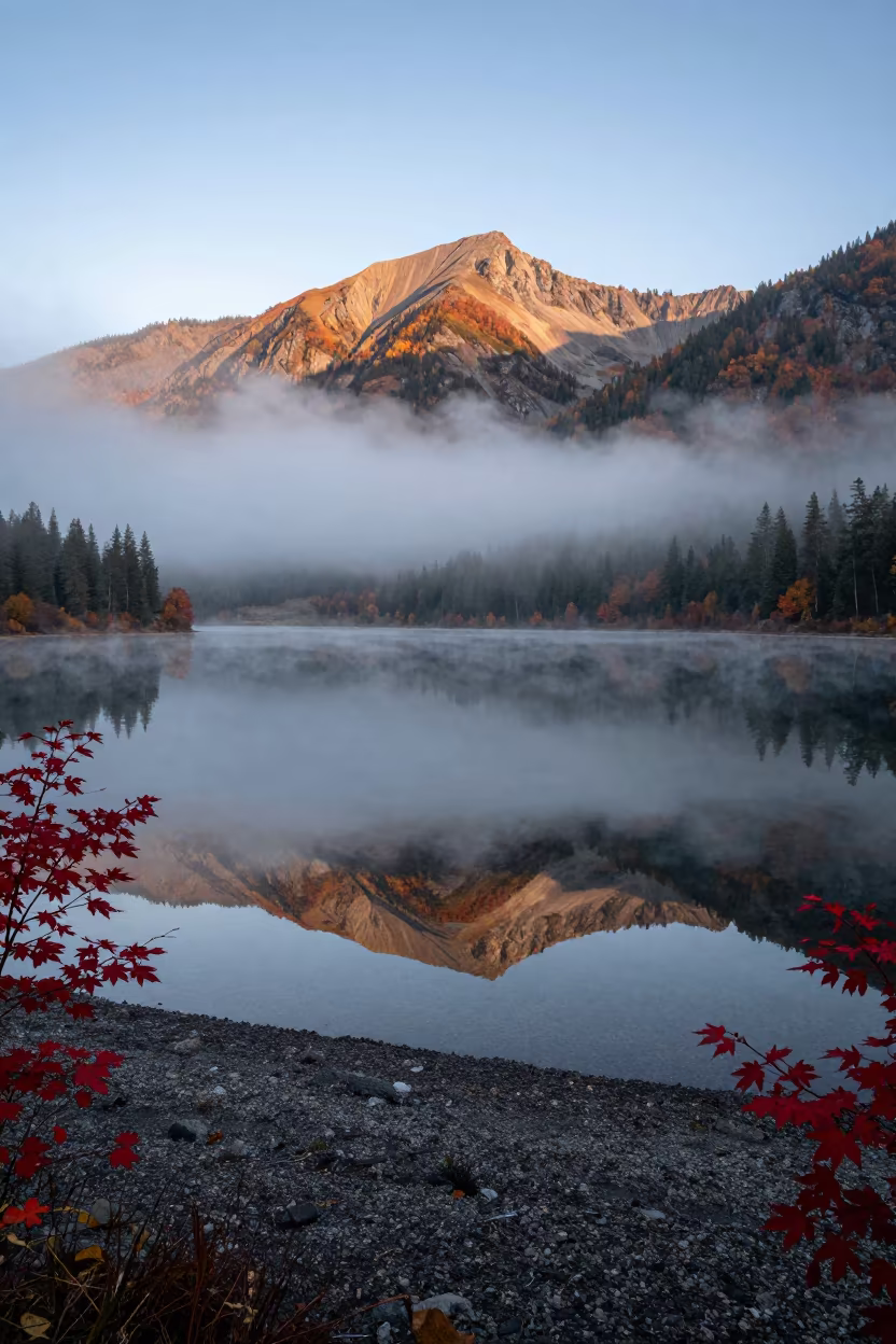Misty Dawn Lake Reflection in British Columbia Floodplain in across a floodplain after rain in British Columbia