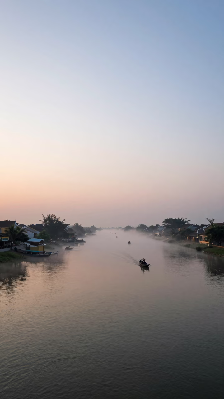 Misty Dawn Landscape of Hoi An Vietnam River Horizon in in Hoi An, Vietnam