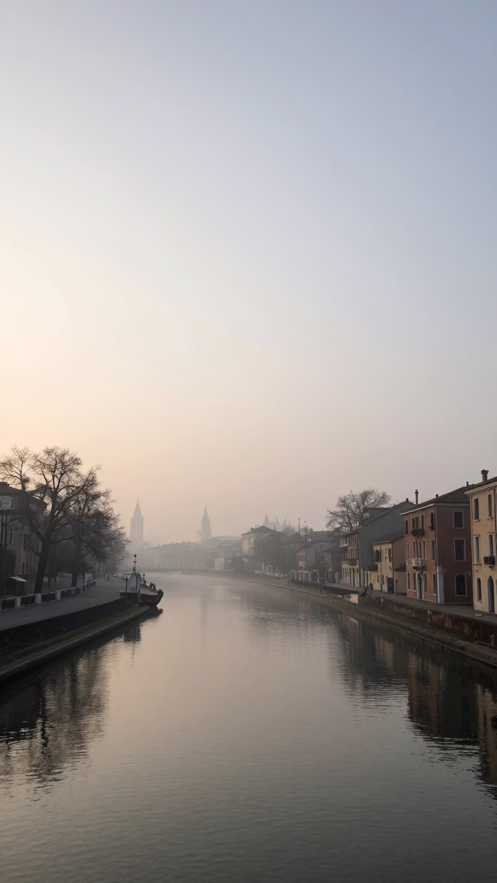 Misty Dawn Landscape of Milan Skyline and Navigli Canal Horizon in in Milan, Italy