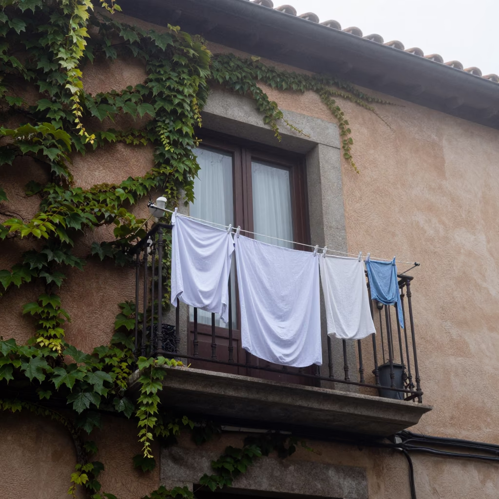 Misty Dawn Laundry Hanging on Madrid Balcony With Ivy Vines in in Madrid, Spain
