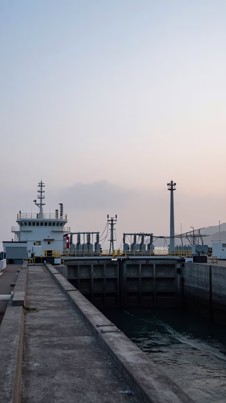 Misty Dawn Light Over Busan Canal Lock Levee in at a canal lock chamber in Busan