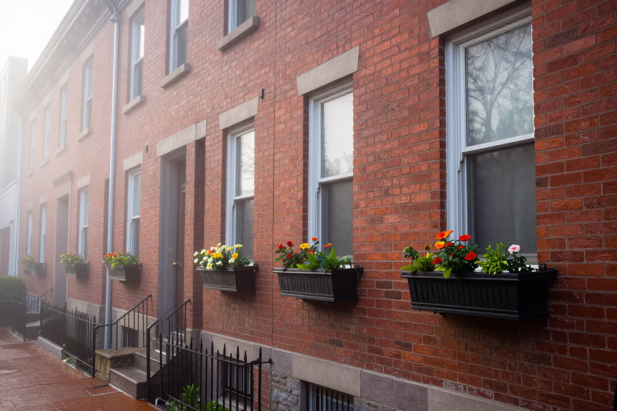 Misty Dawn Light on Philadelphia Row House Window Boxes and Brick Facade in in Philadelphia, Pennsylvania, United States