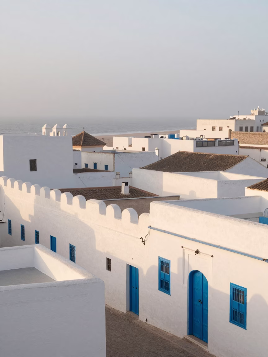 Misty Dawn Light Reveals White Walls and Blue Doors in Essaouira Morocco in in Essaouira, Morocco