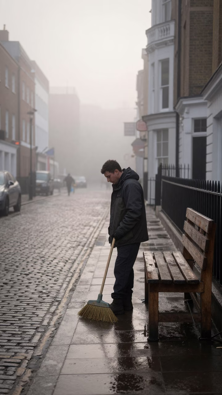 Misty Dawn London Street Scene with Broom and Workbench in in London, United Kingdom