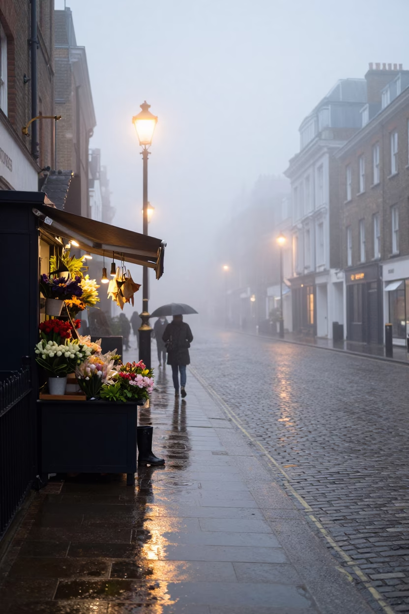 Misty Dawn London Street Scene with Rain Boots and Florist Display in in London, United Kingdom