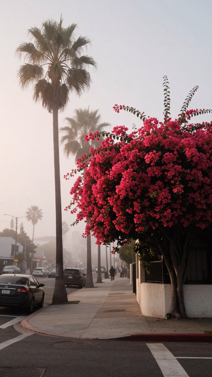 Misty Dawn Los Angeles Street Corner with Bougainvillea and Local Life in in Los Angeles, California, United States