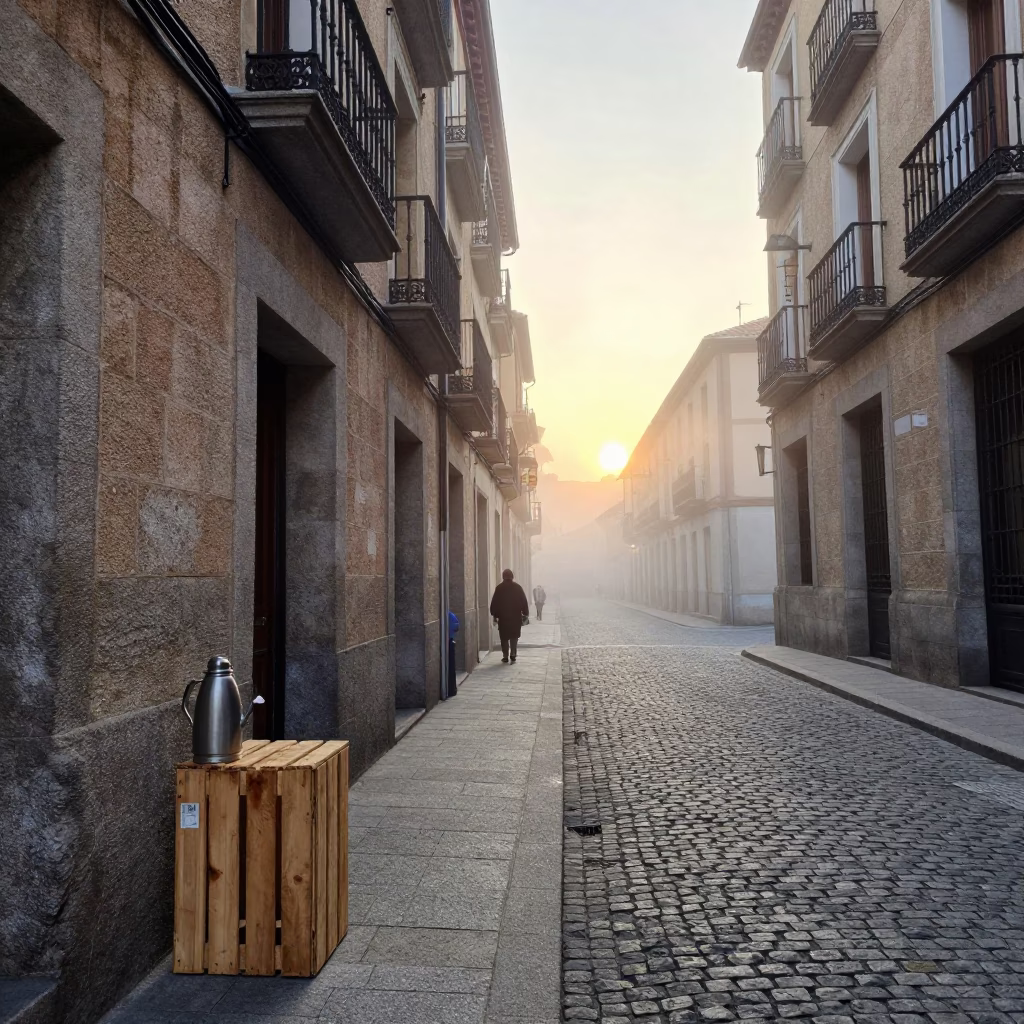 Misty Dawn Madrid Street Scene with Local Worker and Thermos in in Madrid, Spain