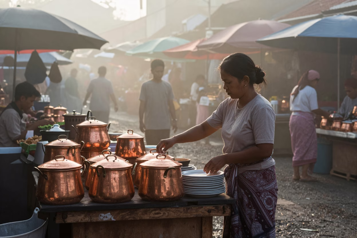 Misty Dawn Market Activity in Denpasar Indonesia with Copper Pots in in Denpasar, Indonesia