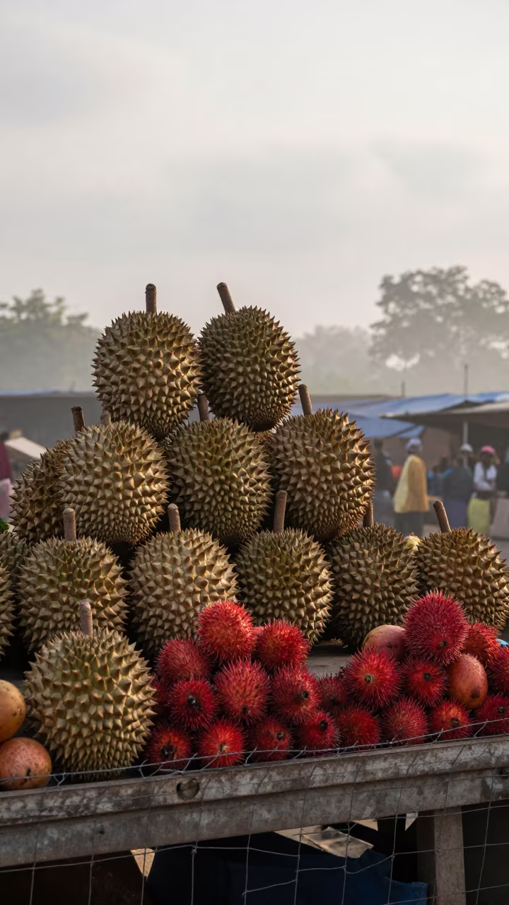 Misty Dawn Market Durians and Rambutans Chakwal in in a flea market lane in Chakwal