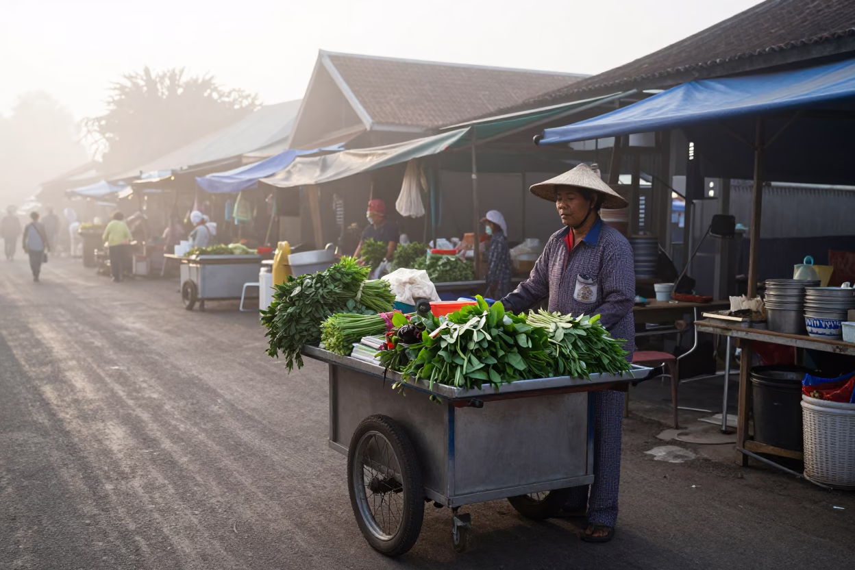 Misty Dawn Market Scene in Phuket with Vendor and Rolling Carts in in Phuket, Thailand