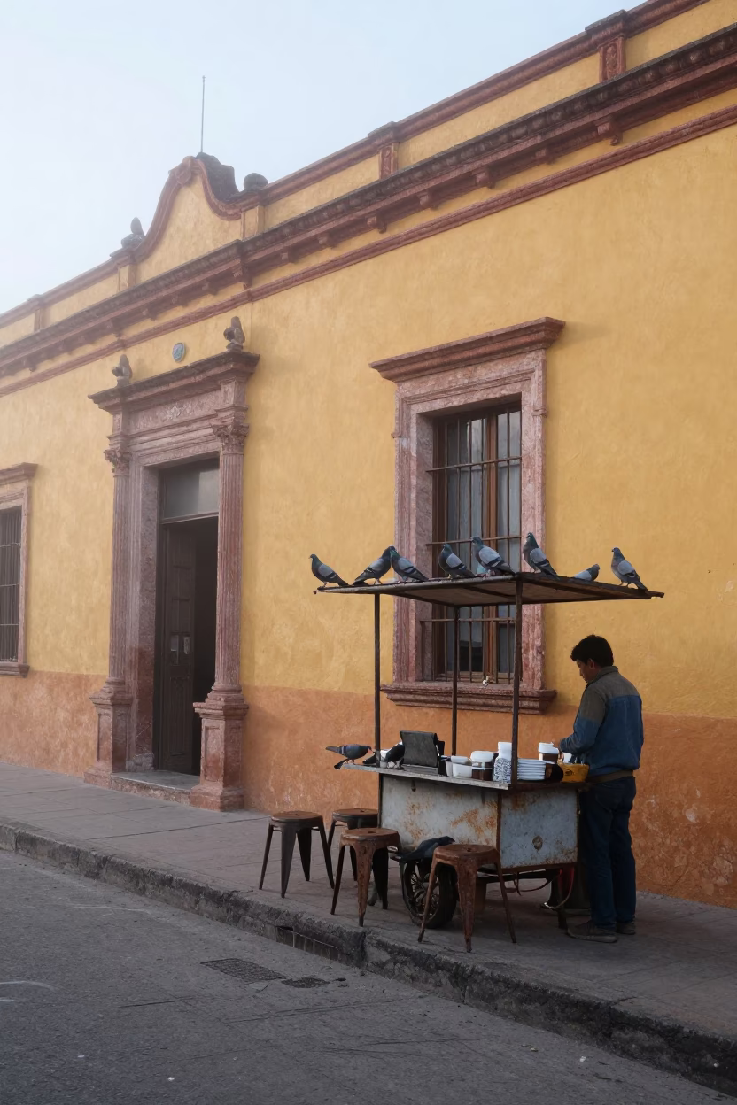 Misty Dawn Market Stall in Merida Mexico with Pigeons and Metal Stools in in Merida, Mexico