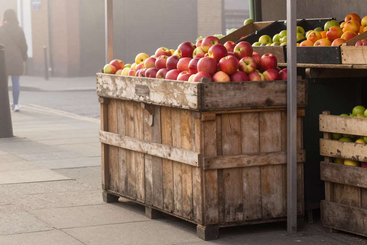 Misty Dawn Market Stall with Wooden Crate and Fruit in Liverpool in in Liverpool, United Kingdom